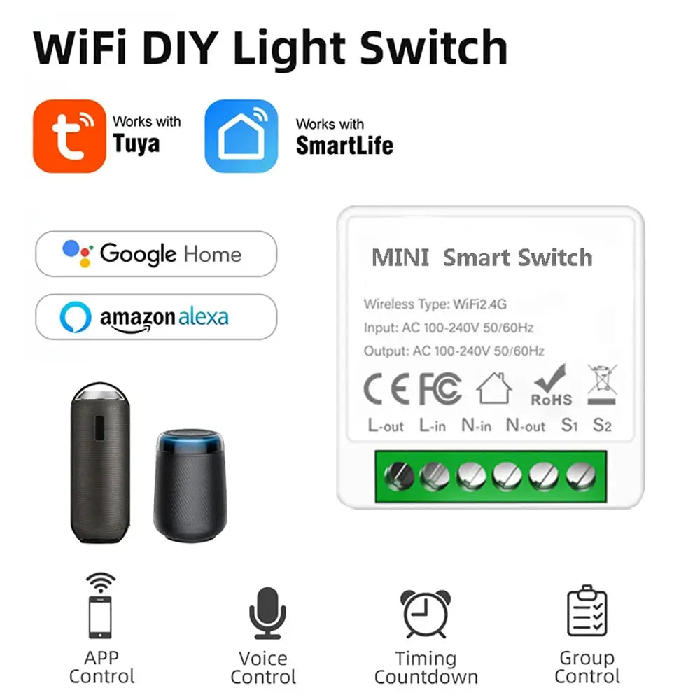 Simples Market mini WiFi smart light switch module 16A; Tuya/Smart Life compatible; works with Alexa and Google Home.