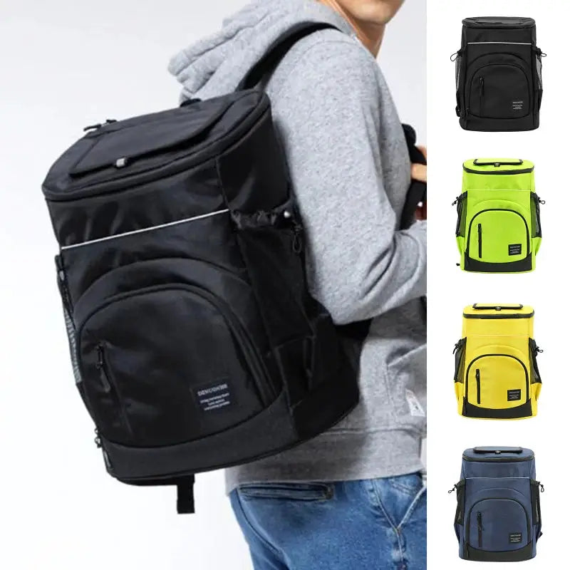 Insulated cooler backpack 30L, black; Simples Market brand; 4 color variants shown