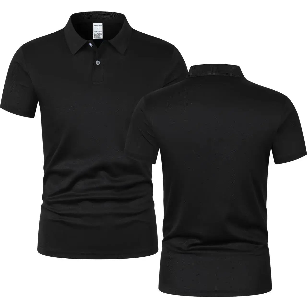 Simples Market men's black short-sleeve polo shirt; front and back views