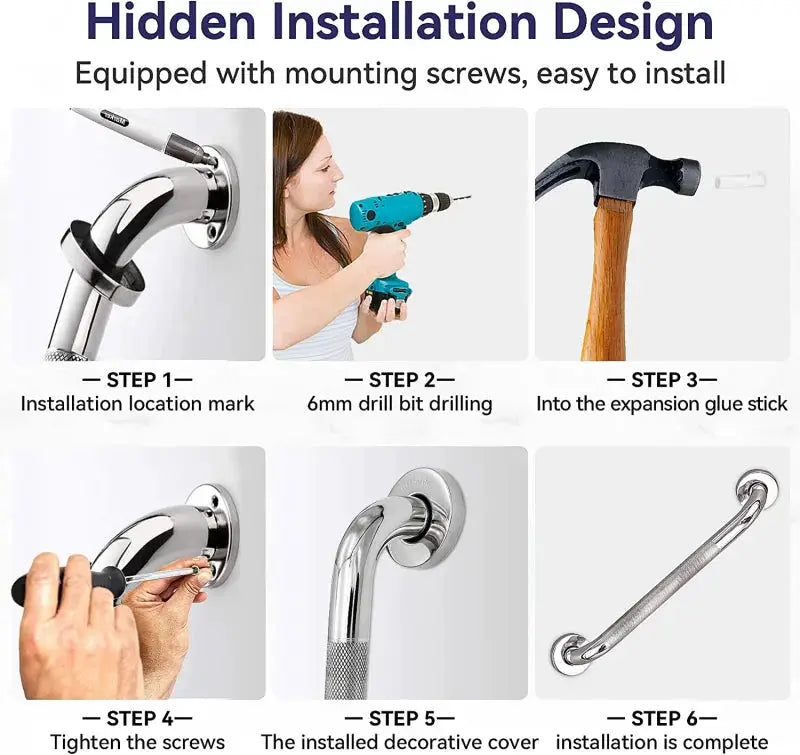 Stainless steel bathroom tub and toilet grab bar with anti-slip finish and towel rack; six-step installation guide
