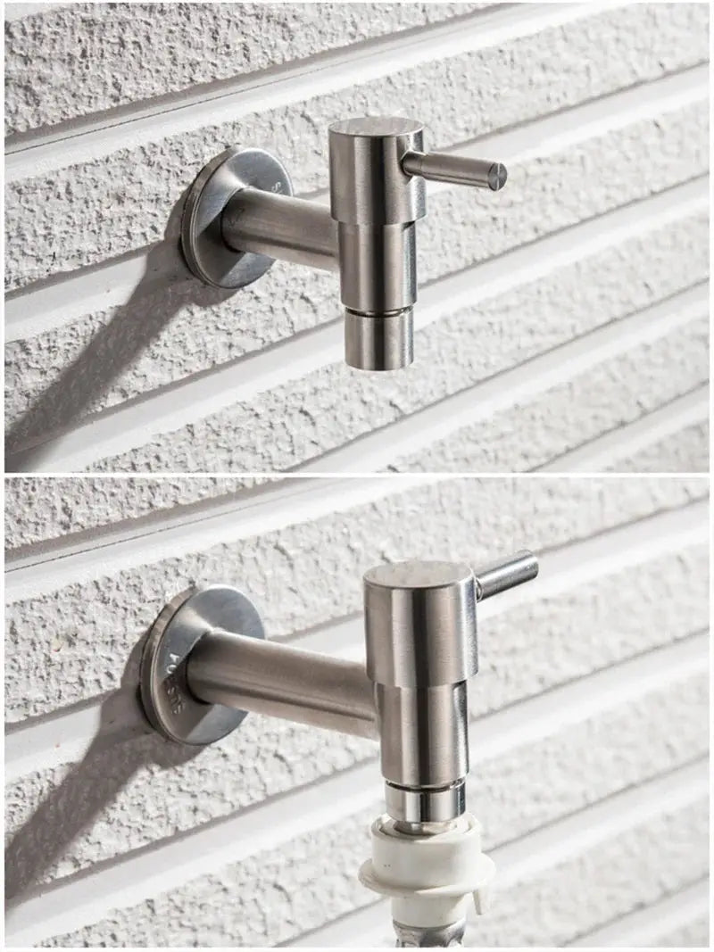 Wall-mounted garden faucet in brushed stainless steel by Simples Market with lever handle and hose adapter
