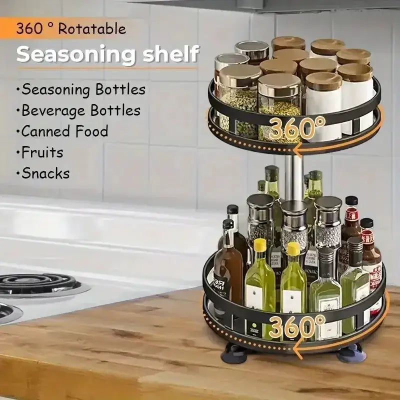 360° rotating spice shelf; two-tier black metal kitchen storage rack on countertop holding bottles and jars