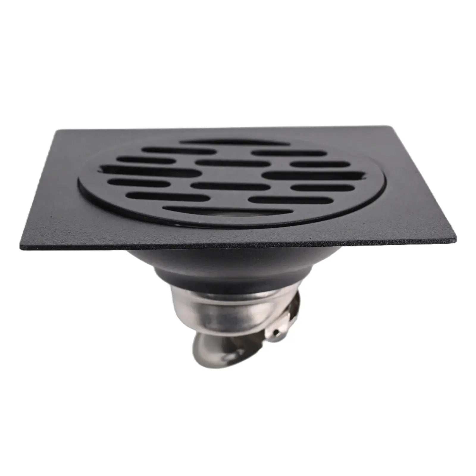 Shower floor drain backflow preventer, stainless steel square cover with slotted circular grate