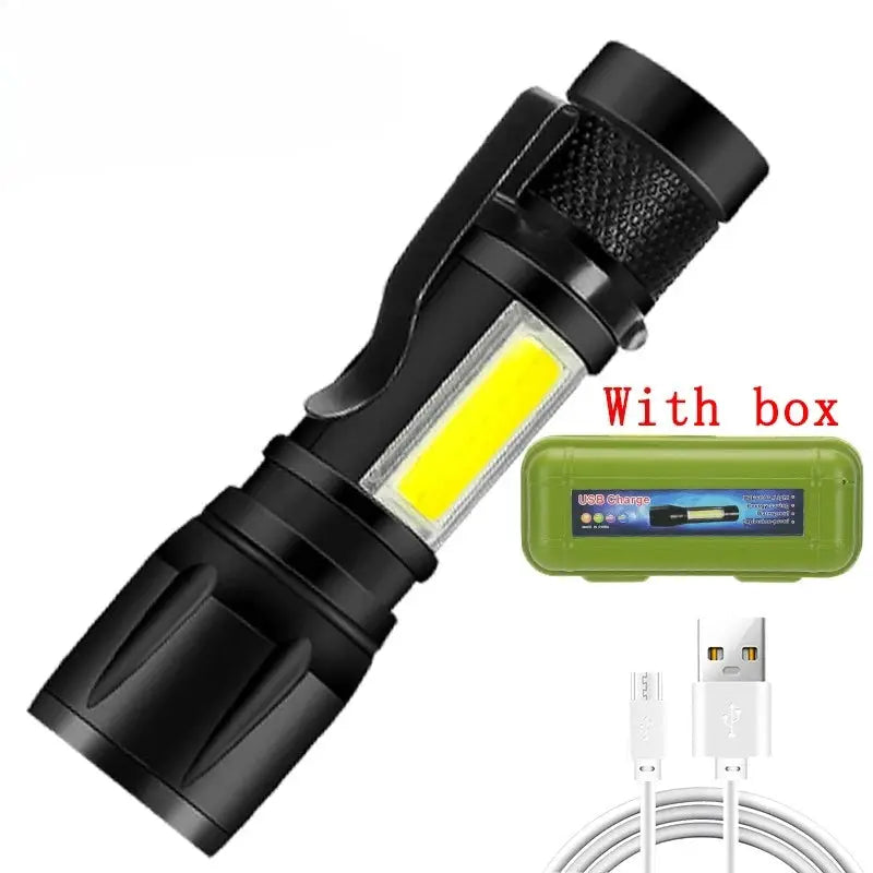 Rechargeable LED flashlight by Simples Market with zoomable beam, USB cable, and green storage case (3-piece set).