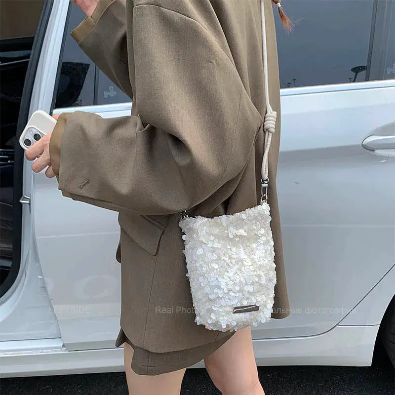 LEFTSIDE mini sequins shoulder bag in white with rope crossbody strap