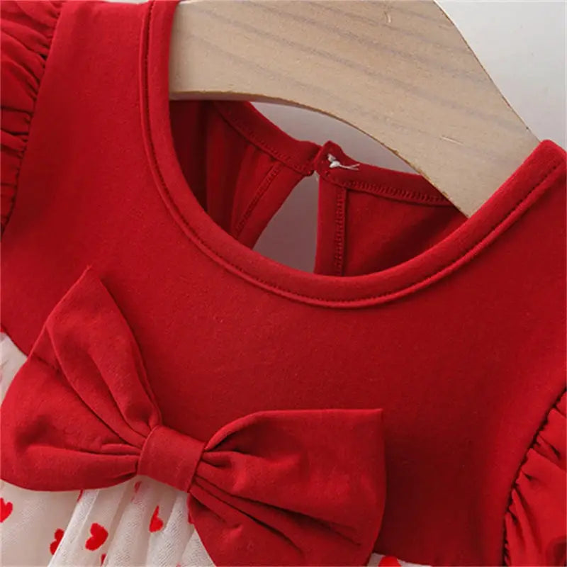 Red Baby Girl Dress With Heart Embroidery Mesh Bow Tutu For Birthday Party Dress
