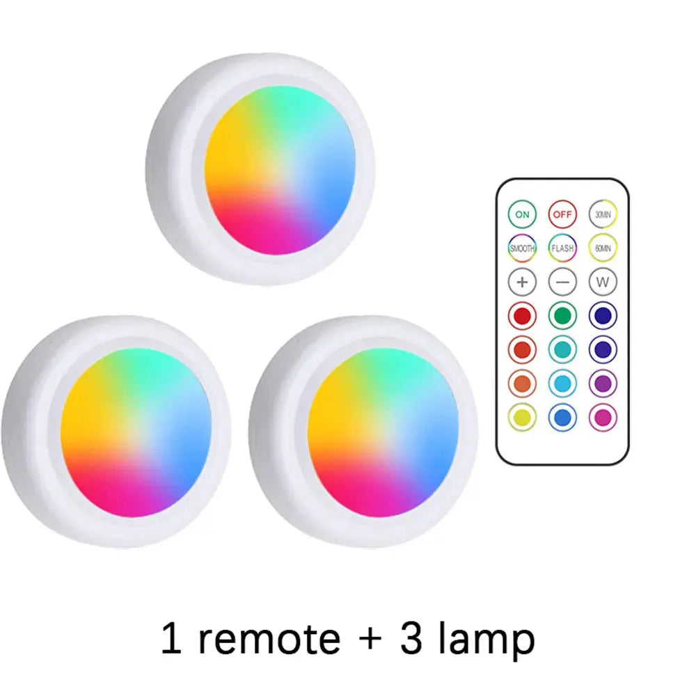 RGB color LED puck lights set (3 lamps) with remote, wireless battery-powered under-cabinet lighting