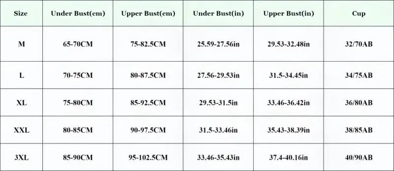 Simples Market Seamless Wireless Sports Bra size chart showing under bust and upper bust measurements (cm/in) for M-3XL.