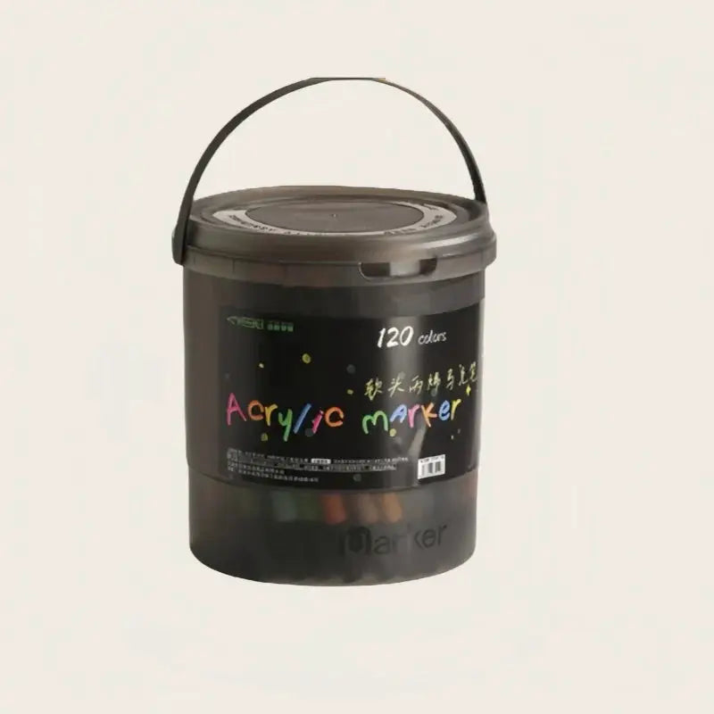 Simples Market bucket-cap acrylic markers set, 120 colors in a black bucket, student-friendly with strong coverage.