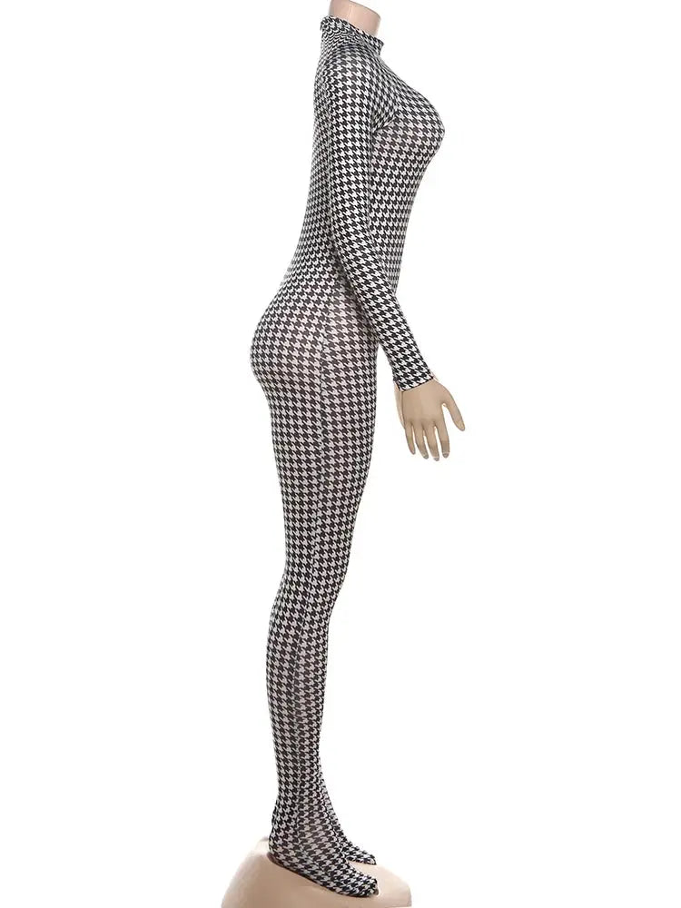 Sisterlinda houndstooth jumpsuit with turtleneck, long sleeves, full-length skinny fit on mannequin