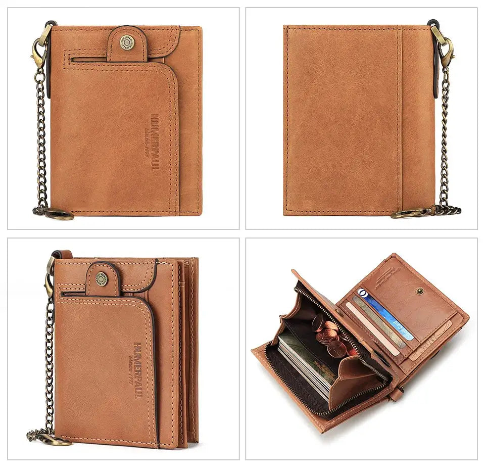 Real leather men's wallet from Simples Market with RFID blocking, chain, zipper coin pocket, brown