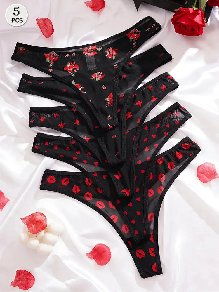 LaceAura 5 Piece Print Design Sexy Women Thongs Breathable Comfortable Low Rise G String Underwear Pack