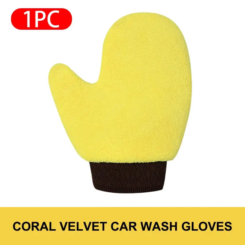 SEAMETAL microfiber car washing glove, yellow coral velvet with brown cuff.