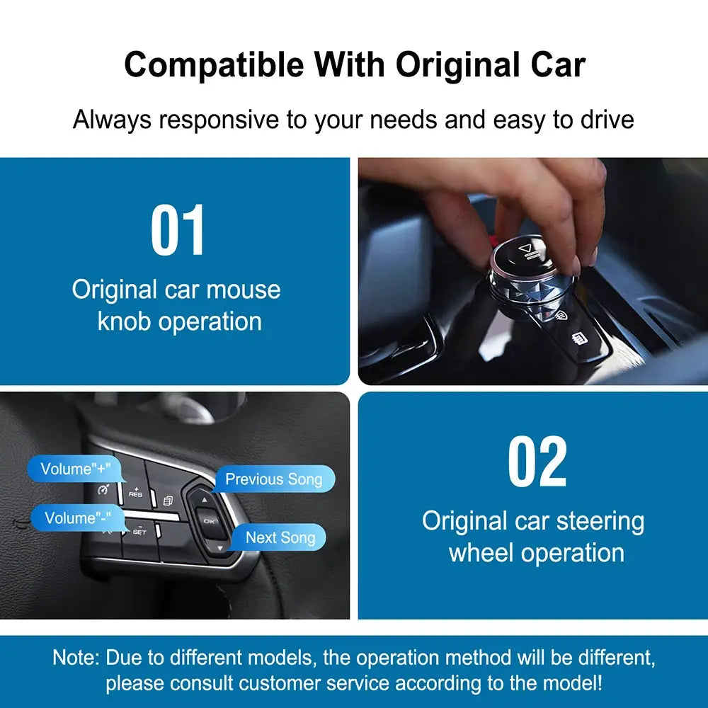 Simples Market Wireless CarPlay Android Auto for BMW NBT CIC blue infographic showing knob and steering wheel controls