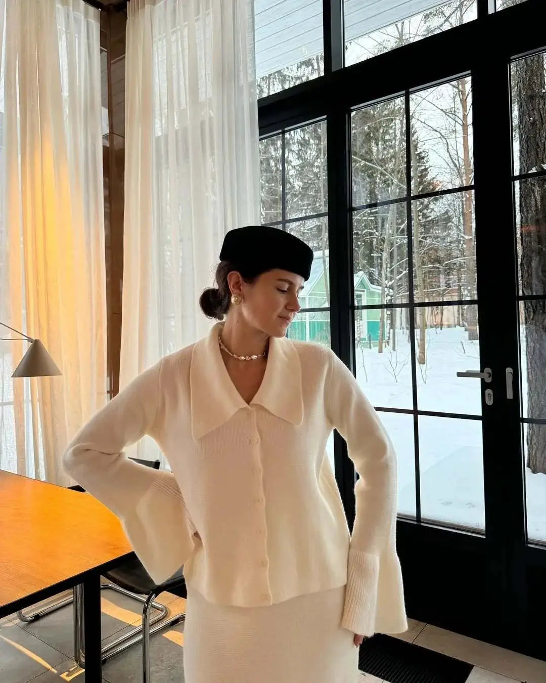 Hirsionsan Two Piece Set Women Polo Neck Cardigan And Midi Dress