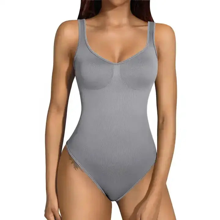 Ladies bodysuit, gray seamless ribbed fabric with V-neck and wide straps