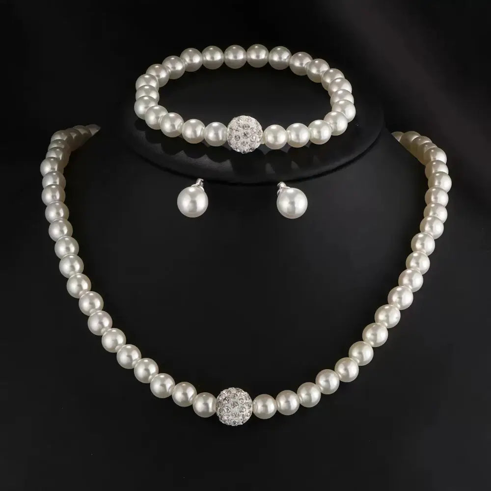 3 Piece Imitation Pearl Fireball Necklace Bracelet Earring Stud Jewelry Set For Women Silver Crystal Bridal Gift