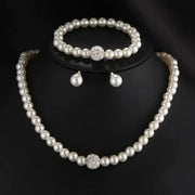3 Piece Imitation Pearl Fireball Necklace Bracelet Earring Stud Jewelry Set For Women Silver Crystal Bridal Gift