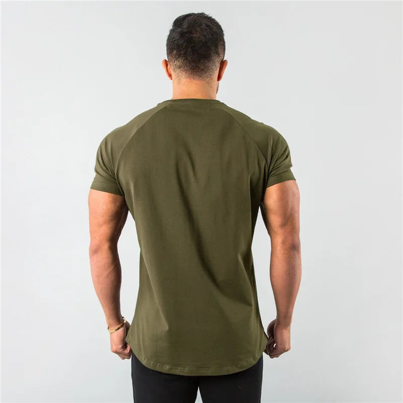 Men's olive green cotton short-sleeve T-shirt, back view