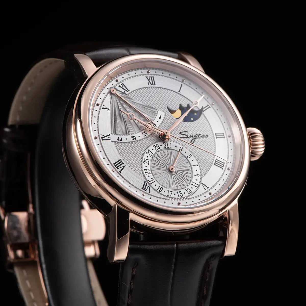 Sugess Moonphase men's watch with rose gold case, white dial with Roman numerals, moonphase display, leather strap