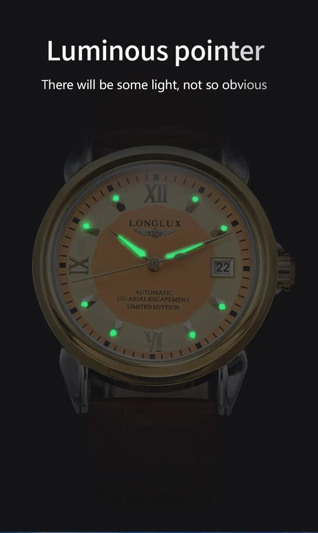 LONGLUX automatic men's watch with gold-tone case, beige dial, green luminous hands, date window, leather strap
