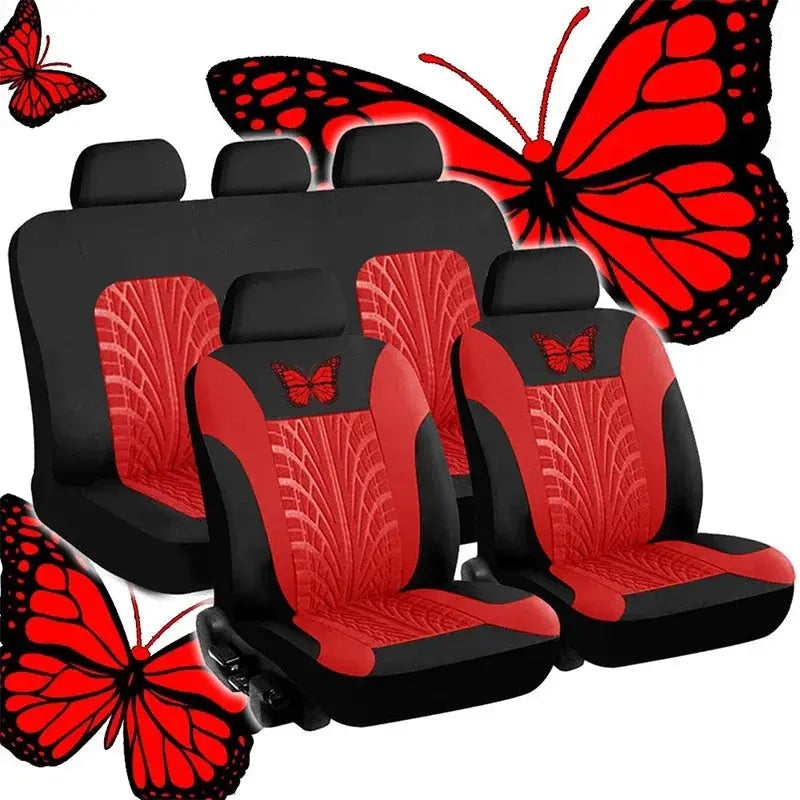 Car seat cover set, 5-piece, universal butterfly-pattern embroidery in red and black