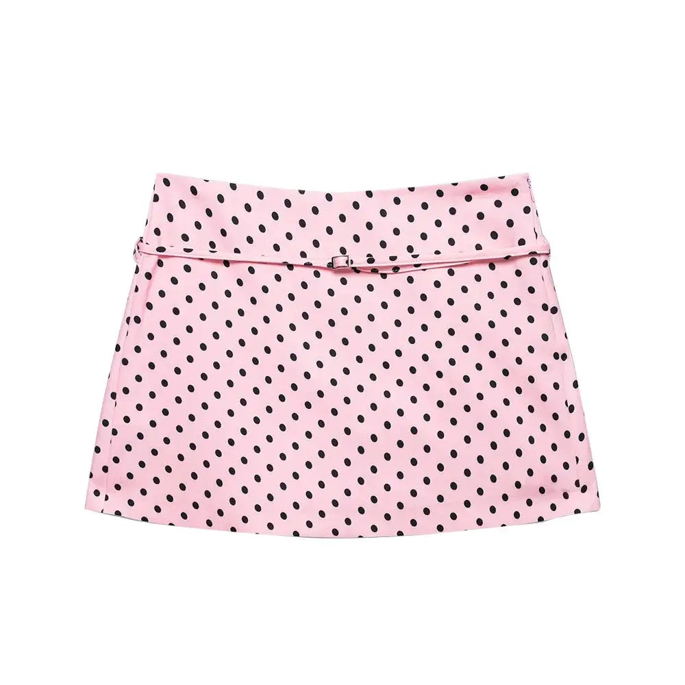 Women's pink polka-dot skort with belt and side zipper by Simples Market