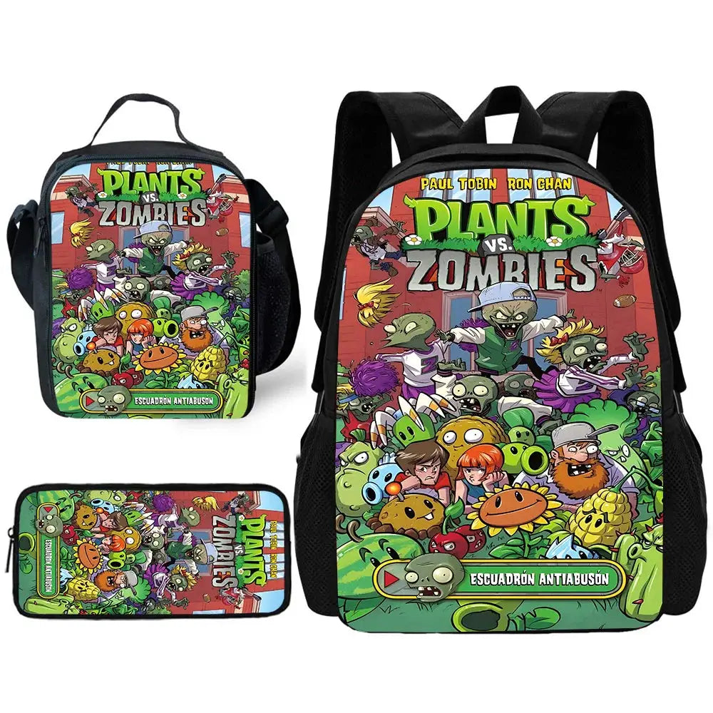Plants vs Zombies three-piece school backpack set with lunch bag and pencil case; colorful cartoon graphics