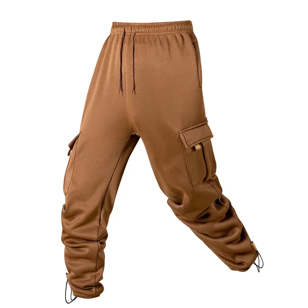 Simples Market men's brown cargo joggers with drawstring waist, elastic cuffs, and multiple pockets.