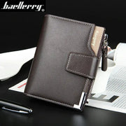 Baellerry short luxury men’s wallet in dark brown leather with zipper coin pocket and card slots
