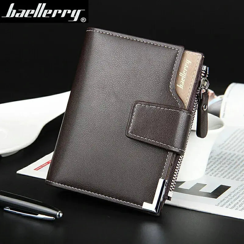 Baellerry short luxury men’s wallet in dark brown leather with zipper coin pocket and card slots