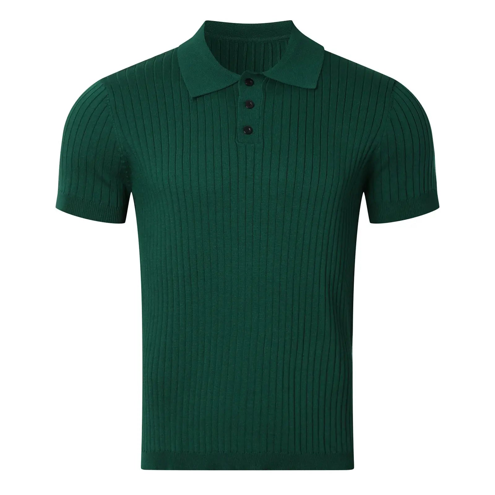 Men's dark green ribbed-knit polo shirt with short sleeves, polo collar, and a three-button placket