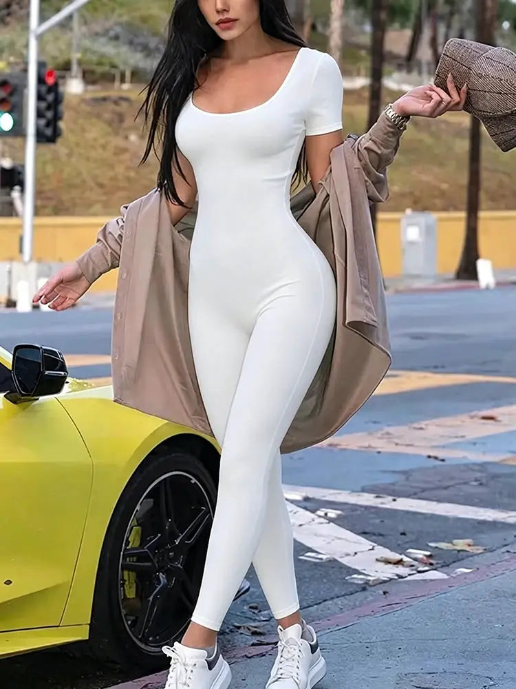 Women's white short-sleeve romper jumpsuit, solid color, skinny bodycon fit, casual streetwear