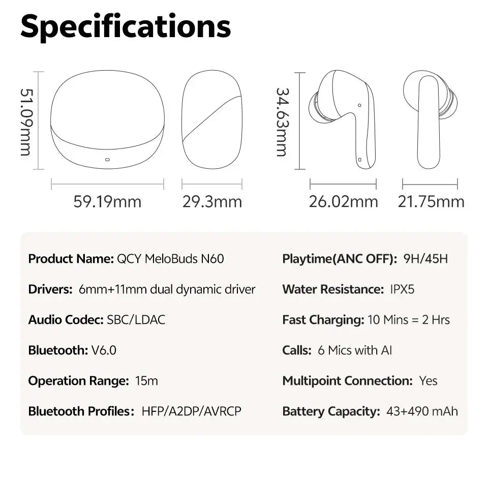 QCY MeloBuds N60 wireless earbuds with 6mm+11mm dual drivers, LDAC/SBC, Bluetooth 6.0, IPX5, 9H/45H playtime