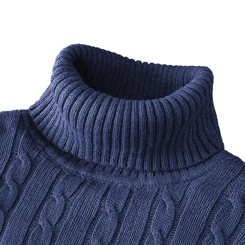 Men's navy blue turtleneck knit sweater with ribbed collar and cable-knit texture