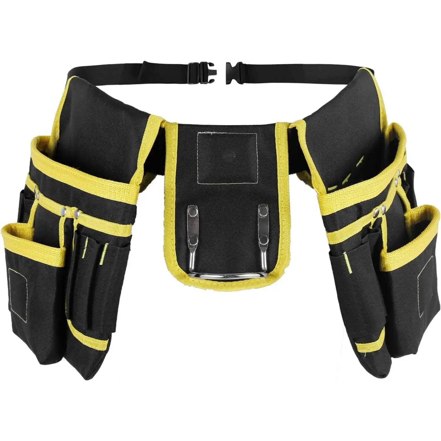 Tool belt bag with black fabric and yellow trim, adjustable waist strap and detachable tool pouches.