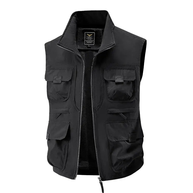 Simples Market men's black fishing vest with collar and multi-pocket design; breathable quick-dry fabric, large size
