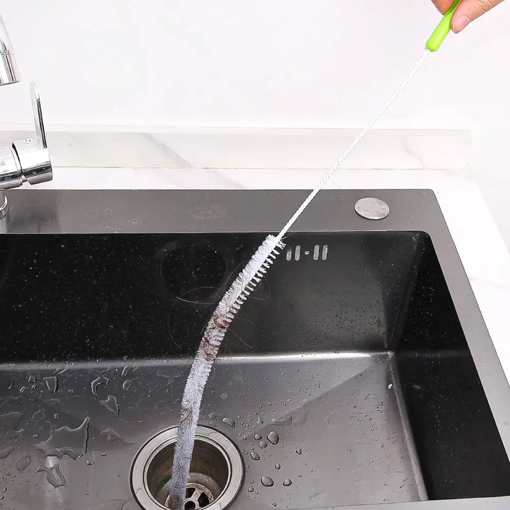 Flexible long pipeline cleaning brush with white bristles and green handle for kitchen sink drain cleaning
