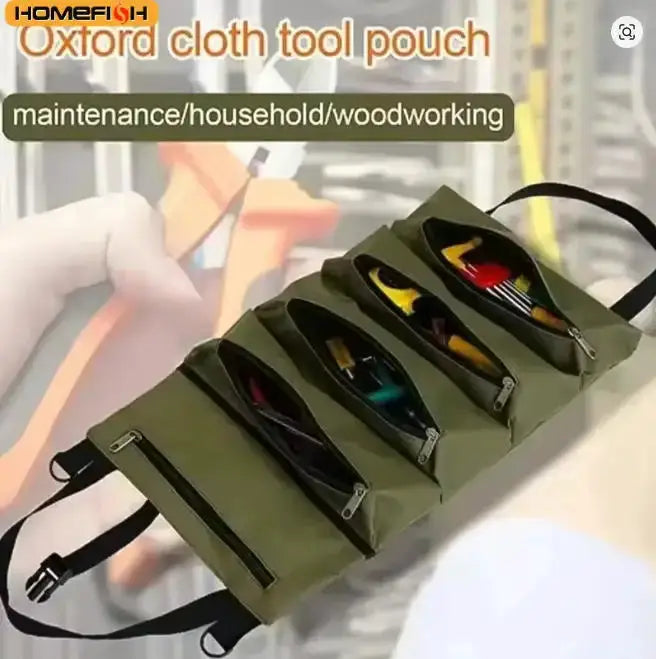 Simples Market Multi-Pocket Tool Roll Bag in olive green Oxford cloth with five zip pockets