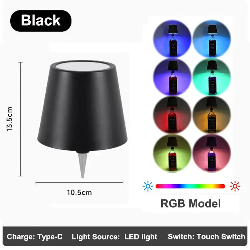 Black wireless LED bottle lamp for wine bottles with RGB lighting and touch control