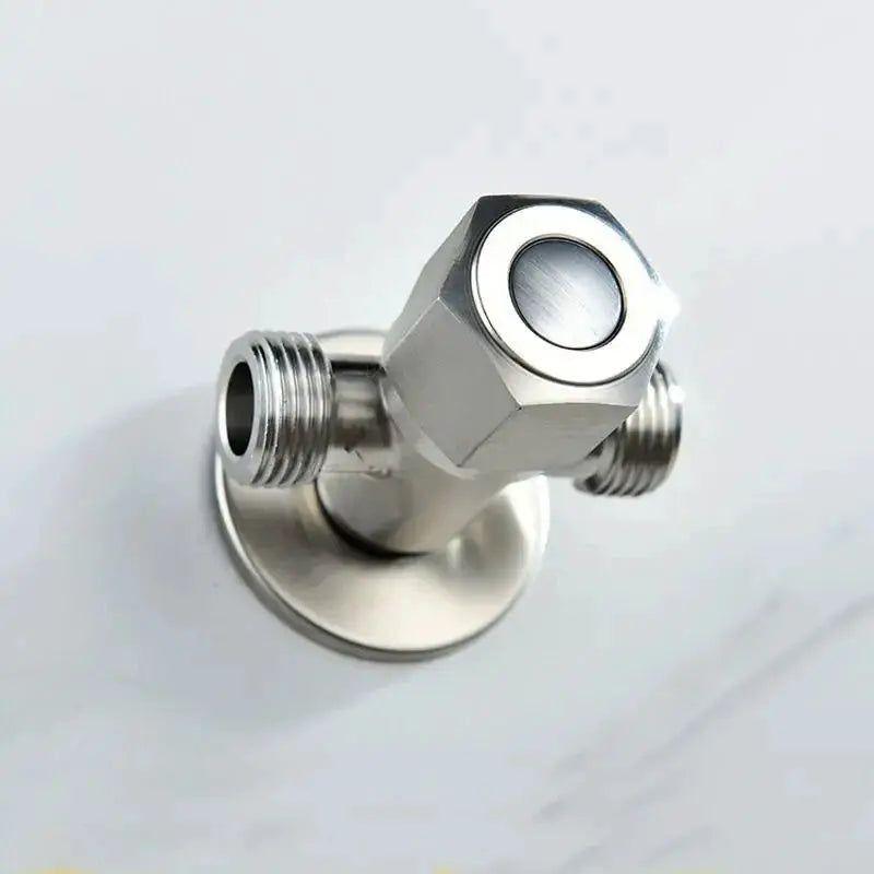 Stainless steel two-way bathroom angle valve with G1/2 thread inlets, chrome finish