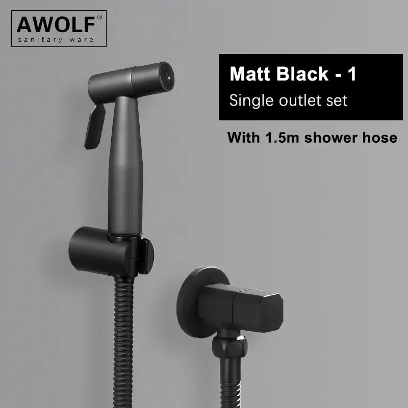 Handheld bidet sprayer by AWOLF in matte black with 1.5m hose and wall mount