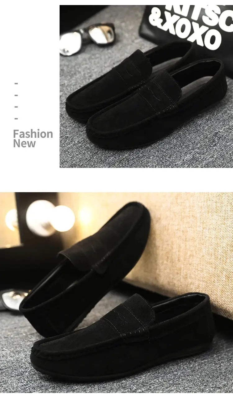 Pair of black casual men's driving loafers with suede-like finish for versatile wear.