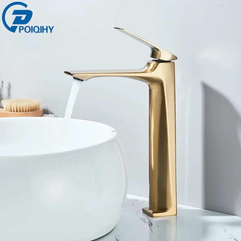 Simples Market brushed-gold deck-mounted bathroom faucet with single lever for basin sink.