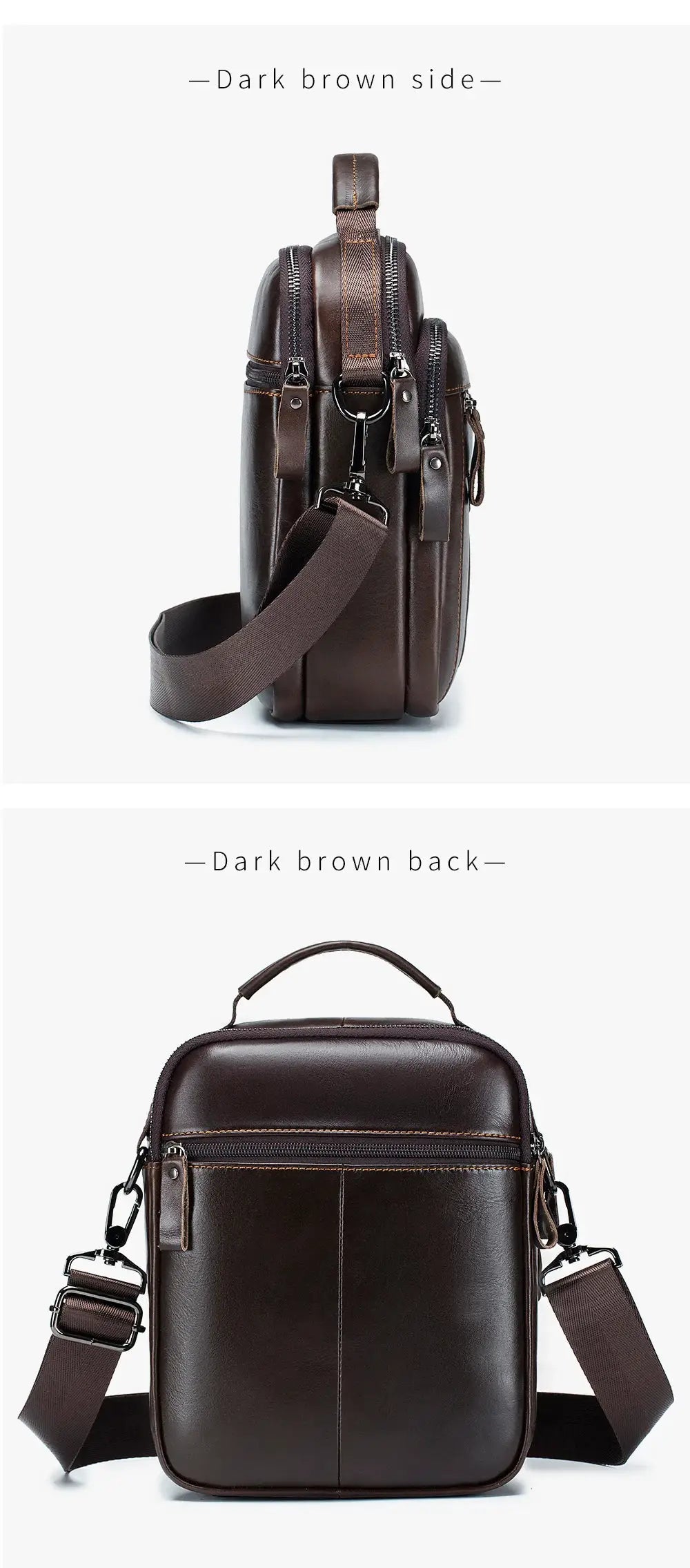 Dark brown leather men's crossbody bag with adjustable strap and multiple zip pockets.