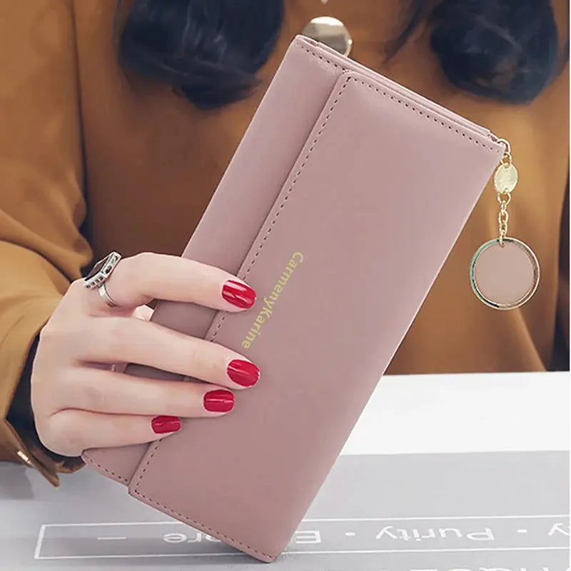 Pink PU leather long wallet by Simples Market, multi-functional fold purse with round keychain charm