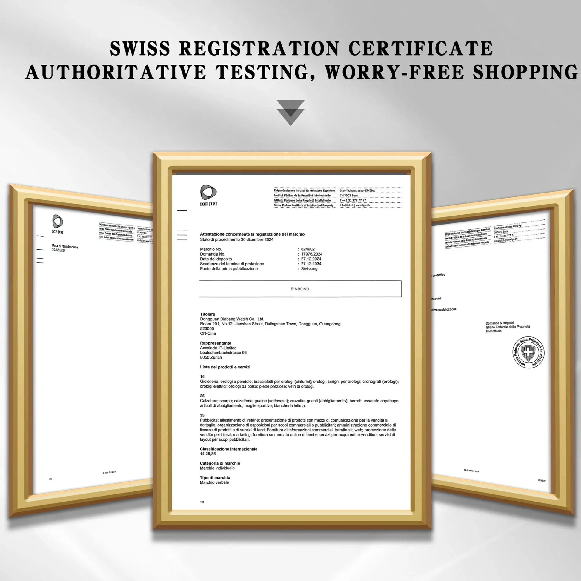 Swiss registration certificates displayed in gold-framed frames