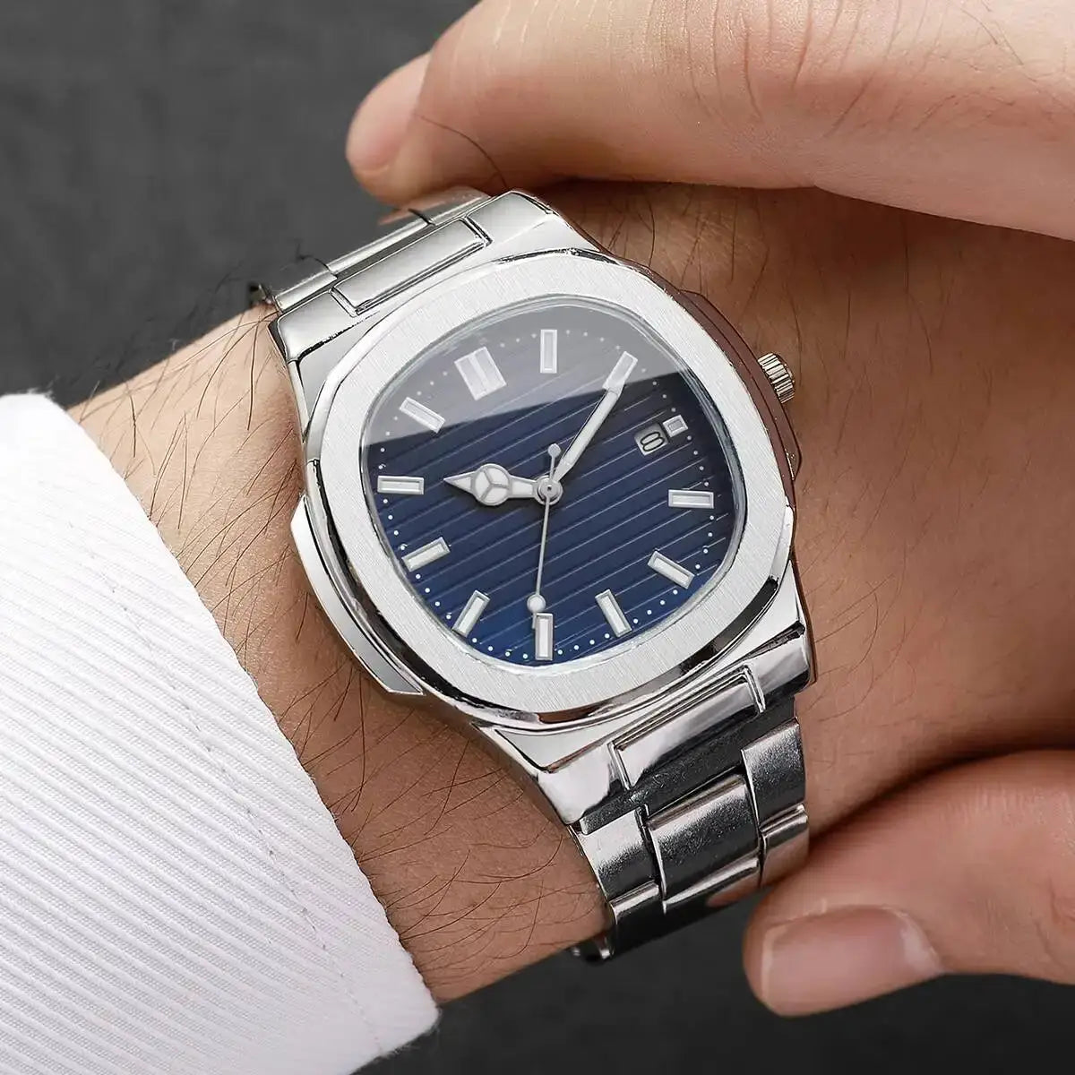 AuroraTime Luxury Square Dial Mens Business Watch Stainless Steel Strap Quartz Movement Calendar