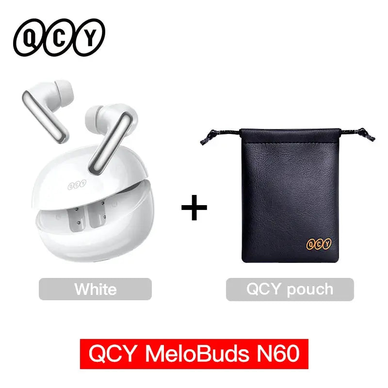 QCY MeloBuds N60 white wireless earphones with charging case and black QCY pouch (2 items).