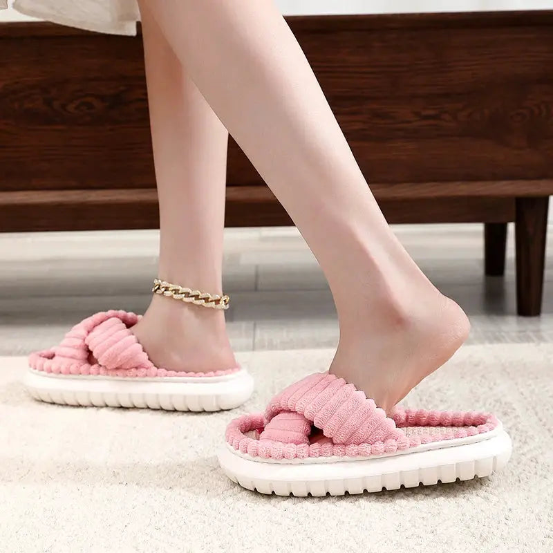 Simples Market women's pink open-toe cross-band linen-soled indoor slippers with a non-slip sole